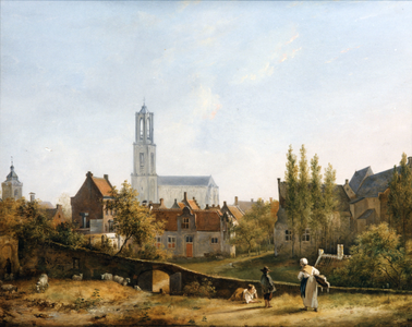 36325 Gezicht vanaf de wal op de stad Utrecht uit het zuidoosten met links de toren van de Buurkerk in het midden de ...